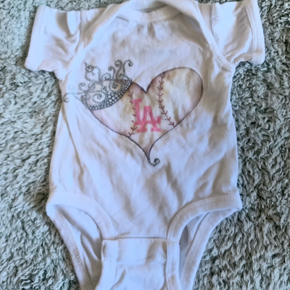 White Onesie With LA Dodger Glitter Heart Design